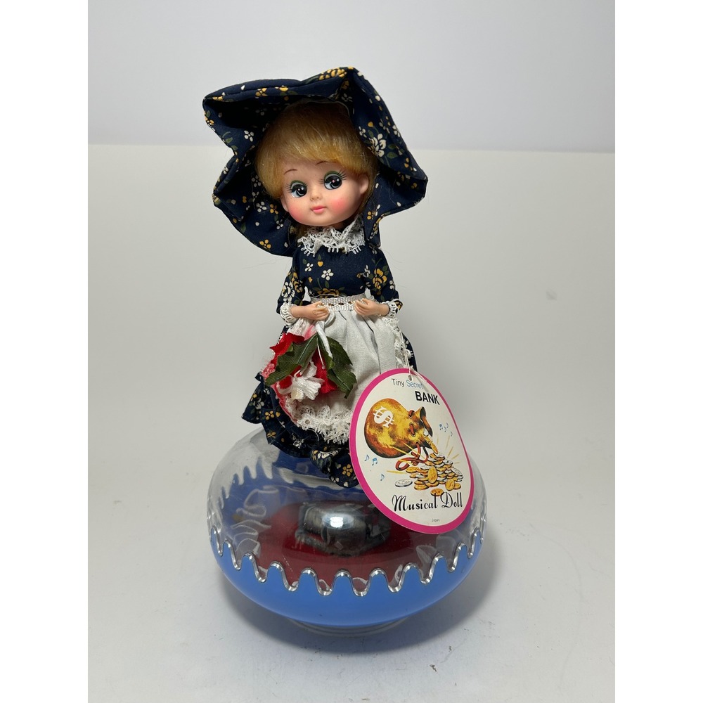 Vintage Tiny Secret Bank Musical Doll Japan Navy Floral‎ Calico Big Eye Blonde